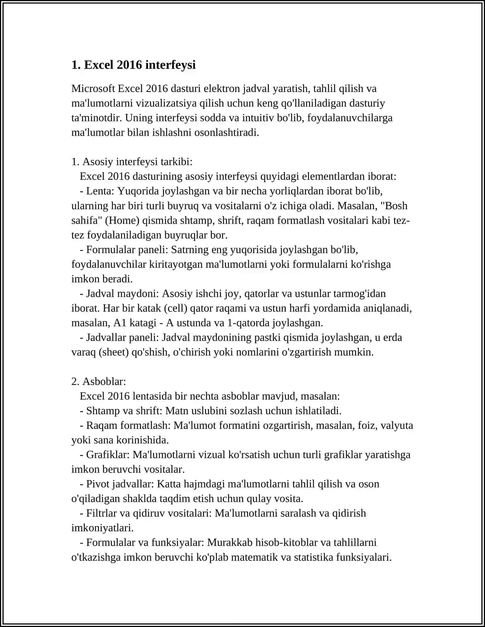 MS EXCEL -2016 DASTURI VA UNING IMKONIYATLARI 3