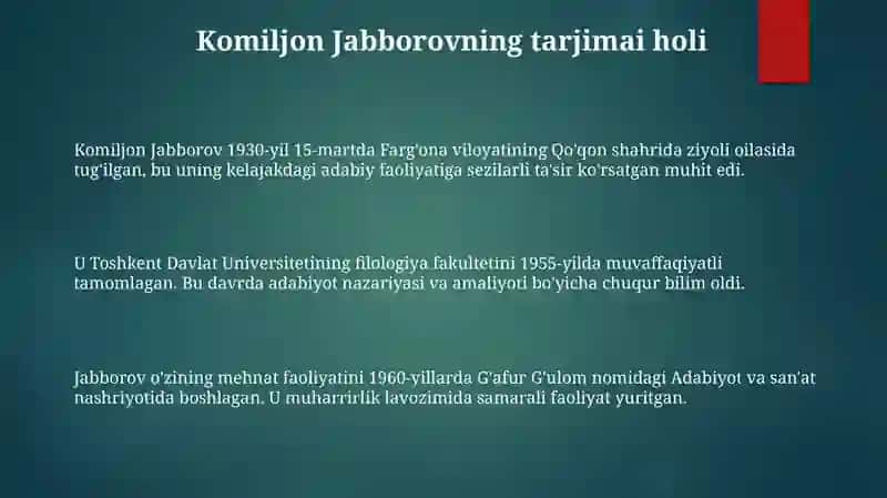 Komiljon Jabborovning tarjimai holi va ijodiy yo'li 3