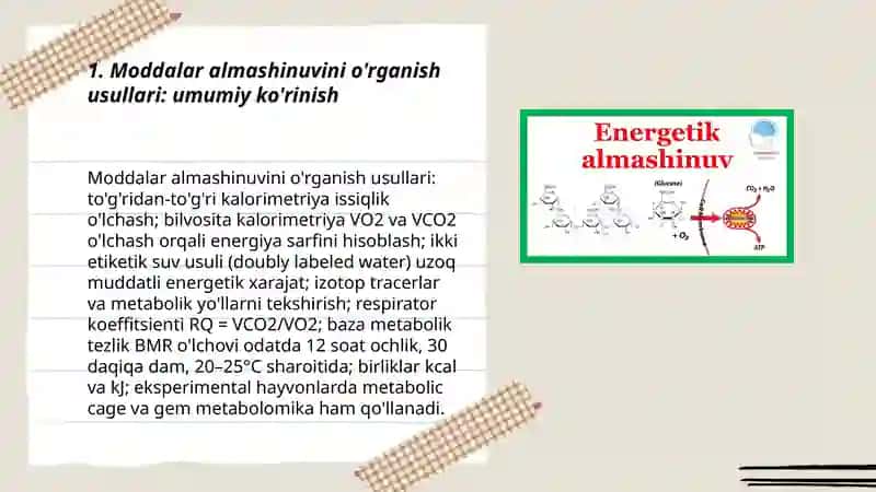 Moddalar almashinuvini òrganish uslublari nafas olish koeffisenti.Organizmning energetik balansi 3