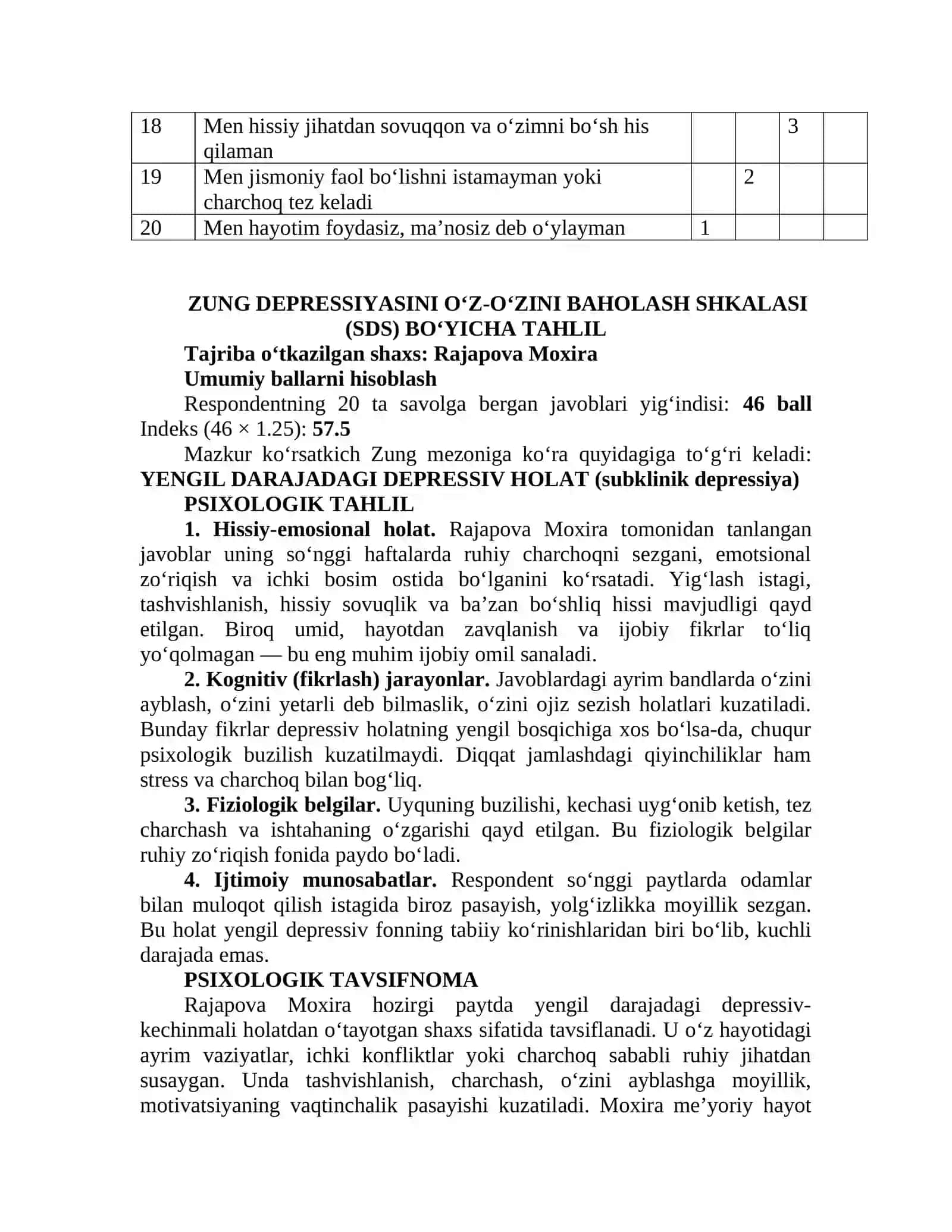 Sport psixologiyasi V. Zung Depressiyani O‘z-O‘zini Baholash Shkalasi (SDS) 3