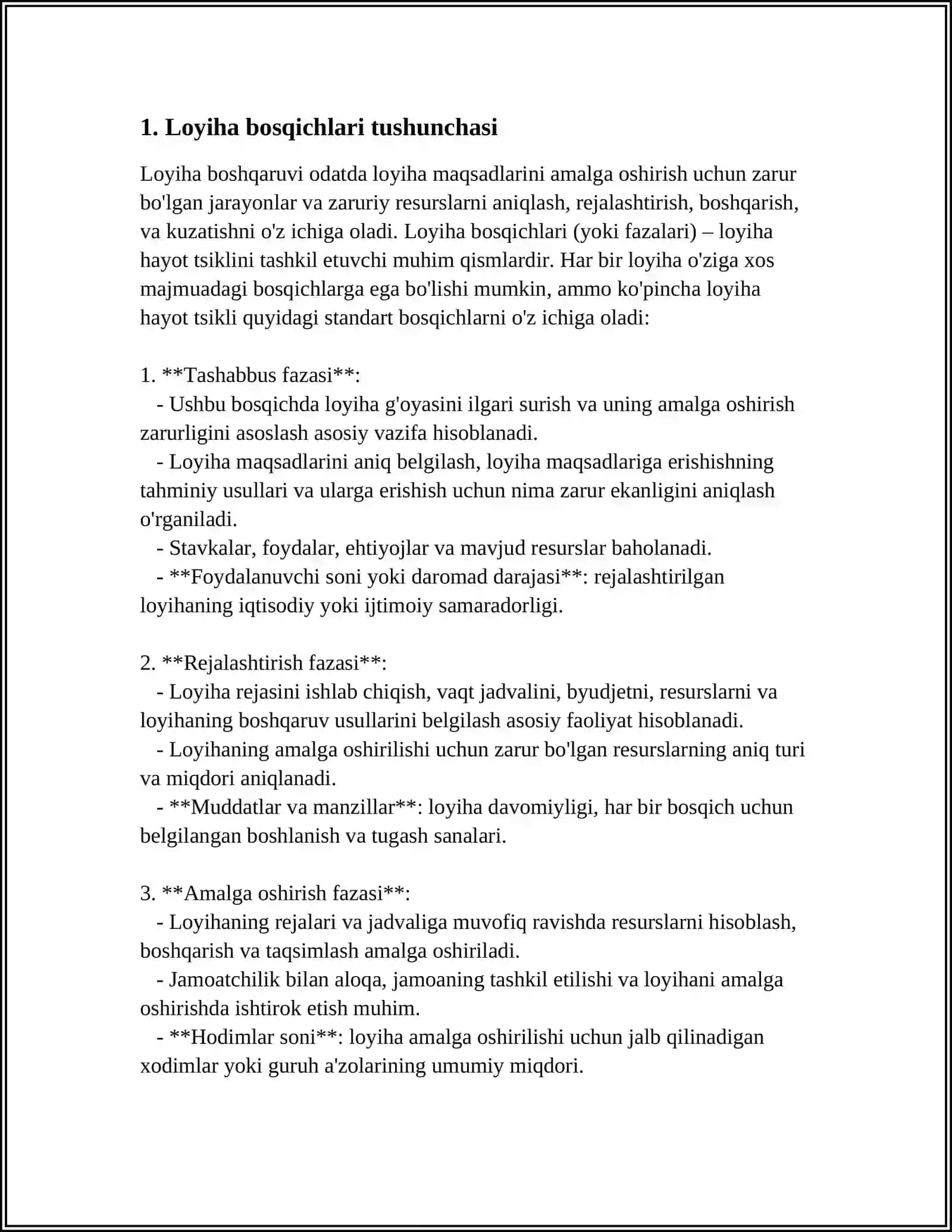 LOYIHALASH BOSQICHLARI. LOYIHA TOPSHIRIGʻI. LOYIHA VA ISHCHI HUJJATLAR NAMUNALARI BILAN TANISHISH 3