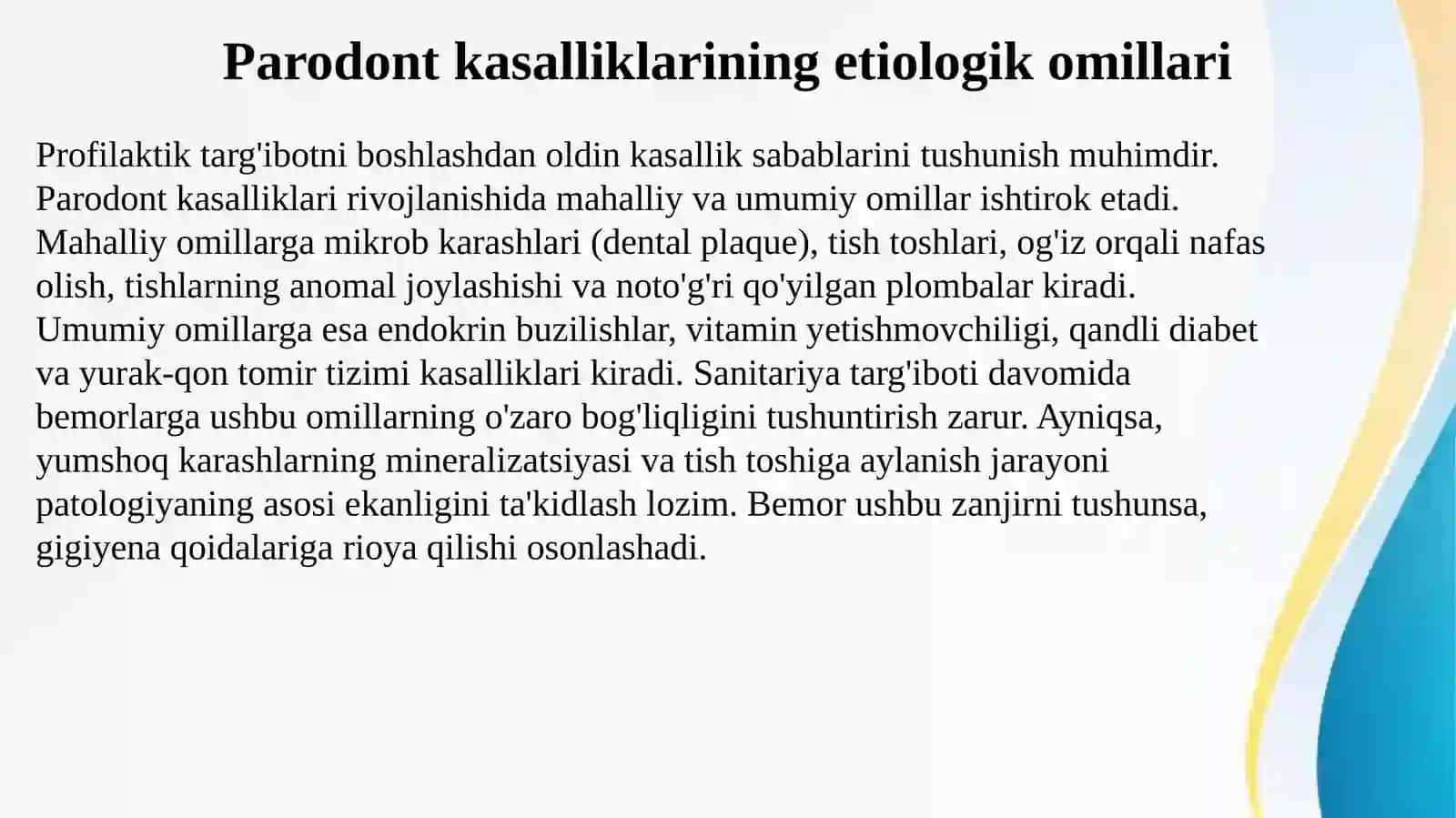 Parodont va og'iz bo'shlig'i shilliq pardasi kasalliklarining oldini olishda sanitariya oqartuv va sog'lom turmush tarzi targ'ibot ishlarini olib borishning shakllari 3
