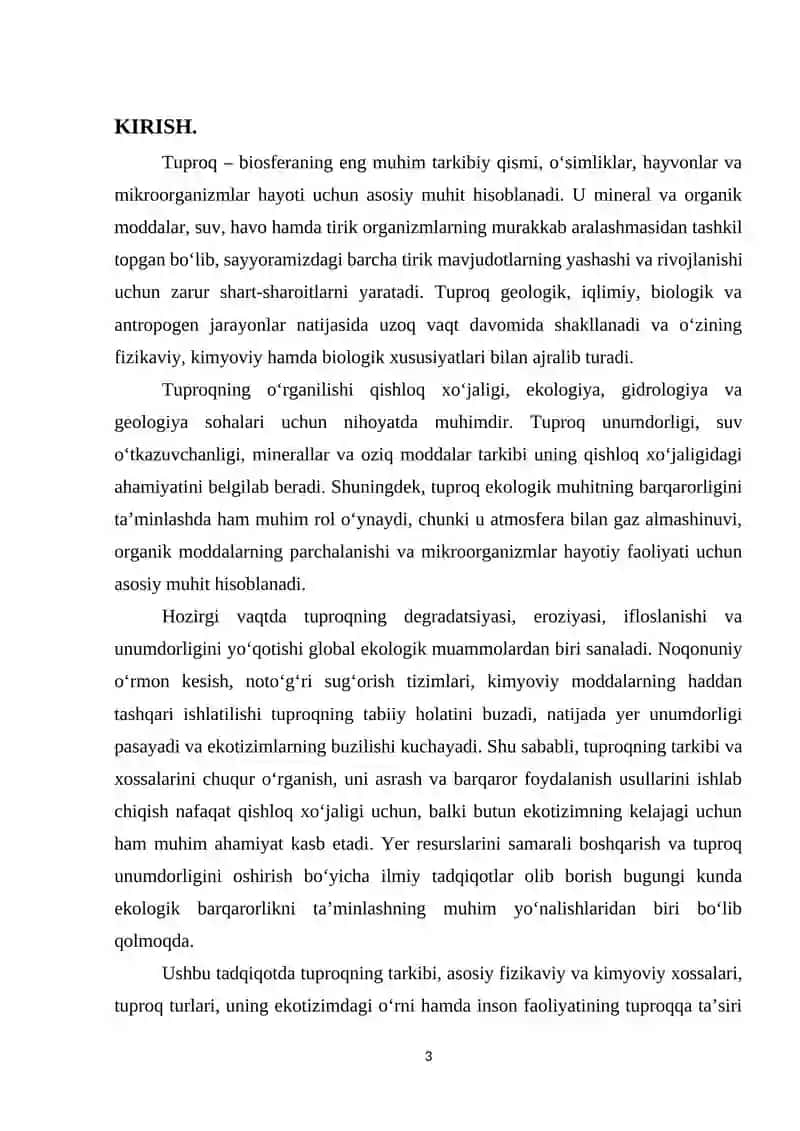 "Biogeotsenologiya" fanidan "Tuproqning tarkibi va xossalari." mavzusida tayyorlangan KURS ISHI 3