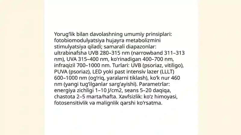 Yorugʻlik bilan davolash koʻrsatma va moneyliklarni aniqlash va bemorlarni parvarish qilish 3