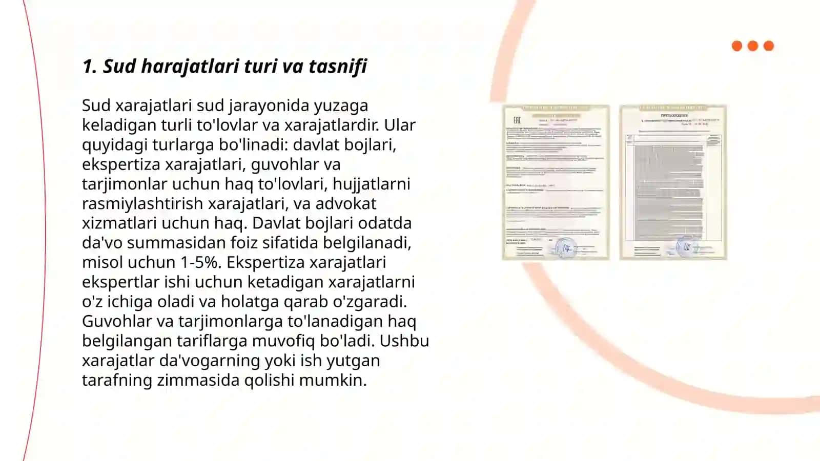 Sud harajatlari, protsessual muddatlar, sud ajrimi va qarori, sud bayonnomasi, kelishuv bitimi 3