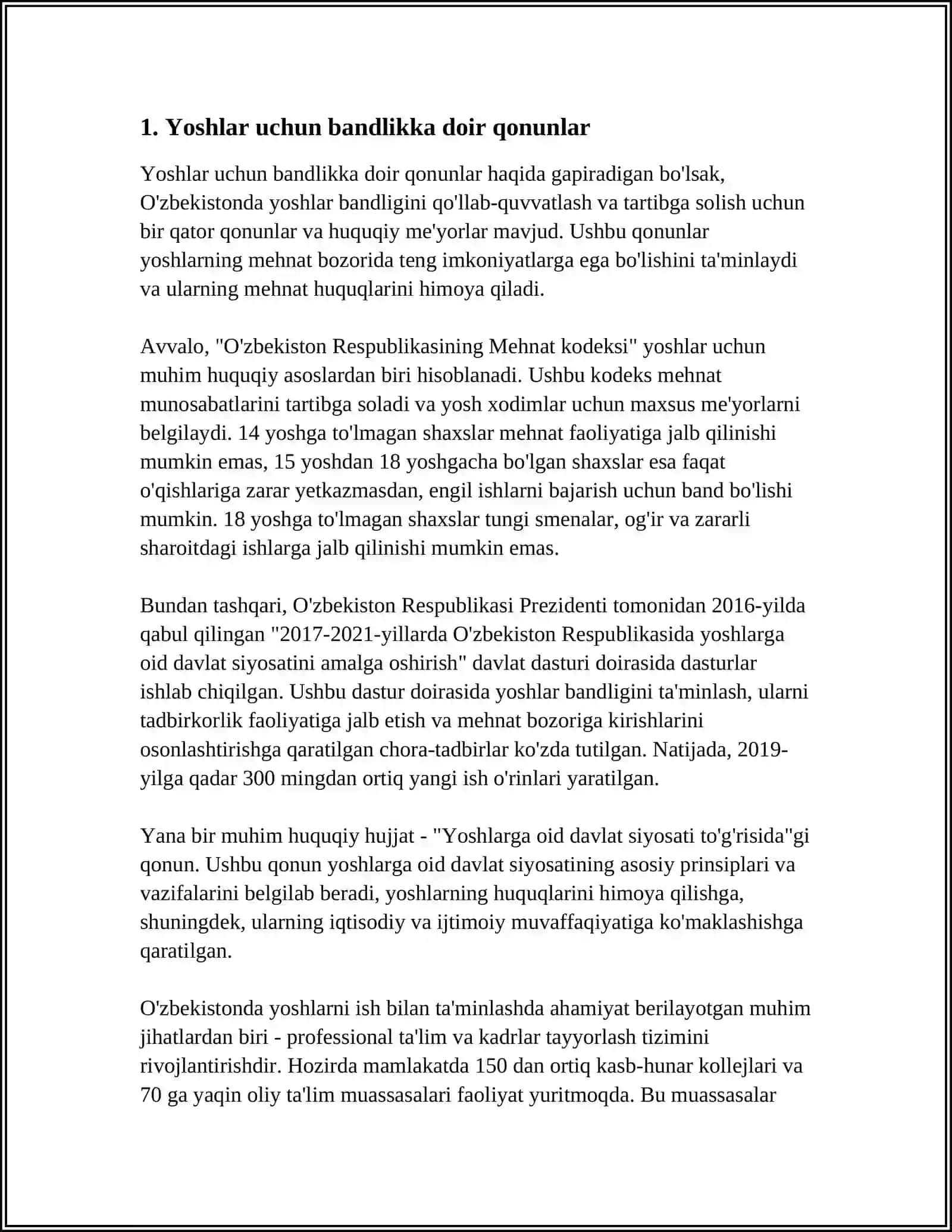 MEHNAT QONUNCHILIGIDA YOSHLARGA BERILAYOTGAN IMKONIYATLAR 3