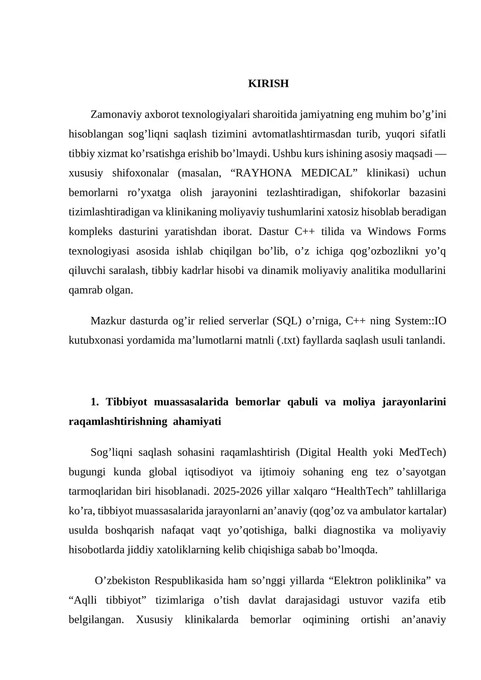 Visual Studio muhitida dasturlash | Kurs ishi - SHIFOXONA MA’LUMOTLARI UCHUN DASTUR ILOVASI 3