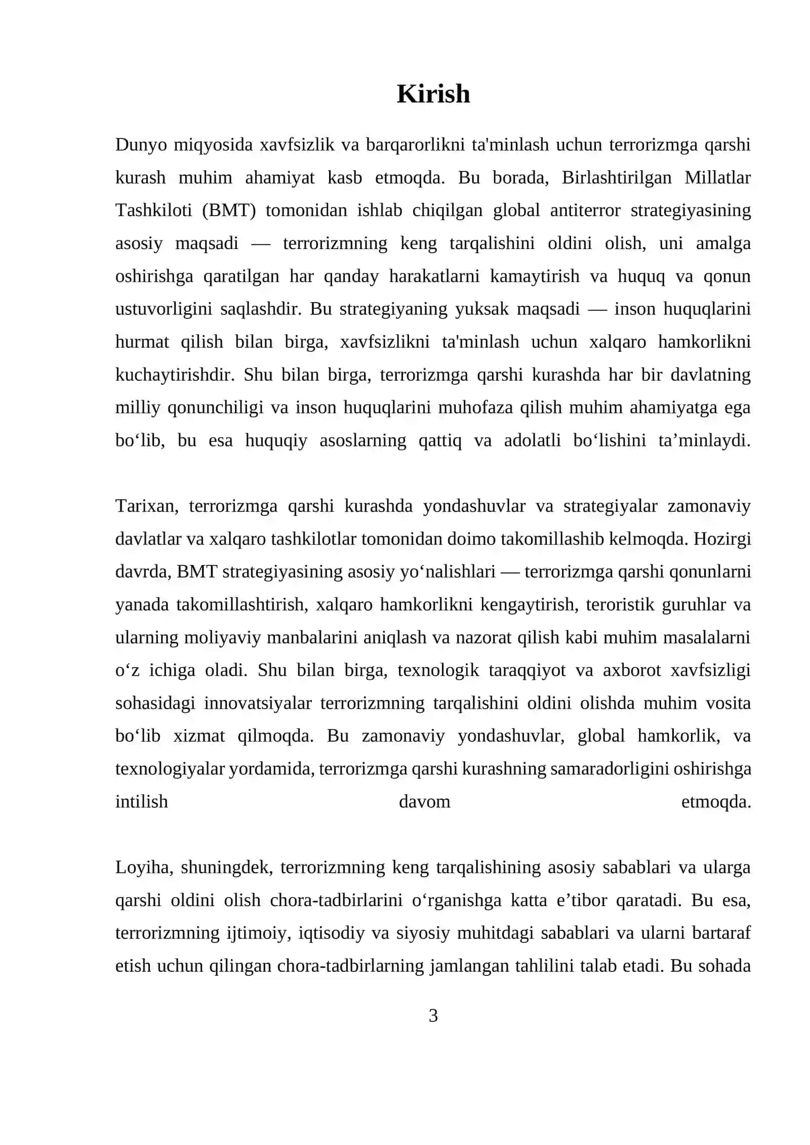 Birlashgan Millatlar Tashkilotining Global antiterror strategiyasining asosiy yo'nalishlari: Terrorizmning tarqalishiga qarshi qaratilgan chora tadbirlar xuquqlari va qonun ustuvorligiga umumiy xurmatni ta'minlash 3