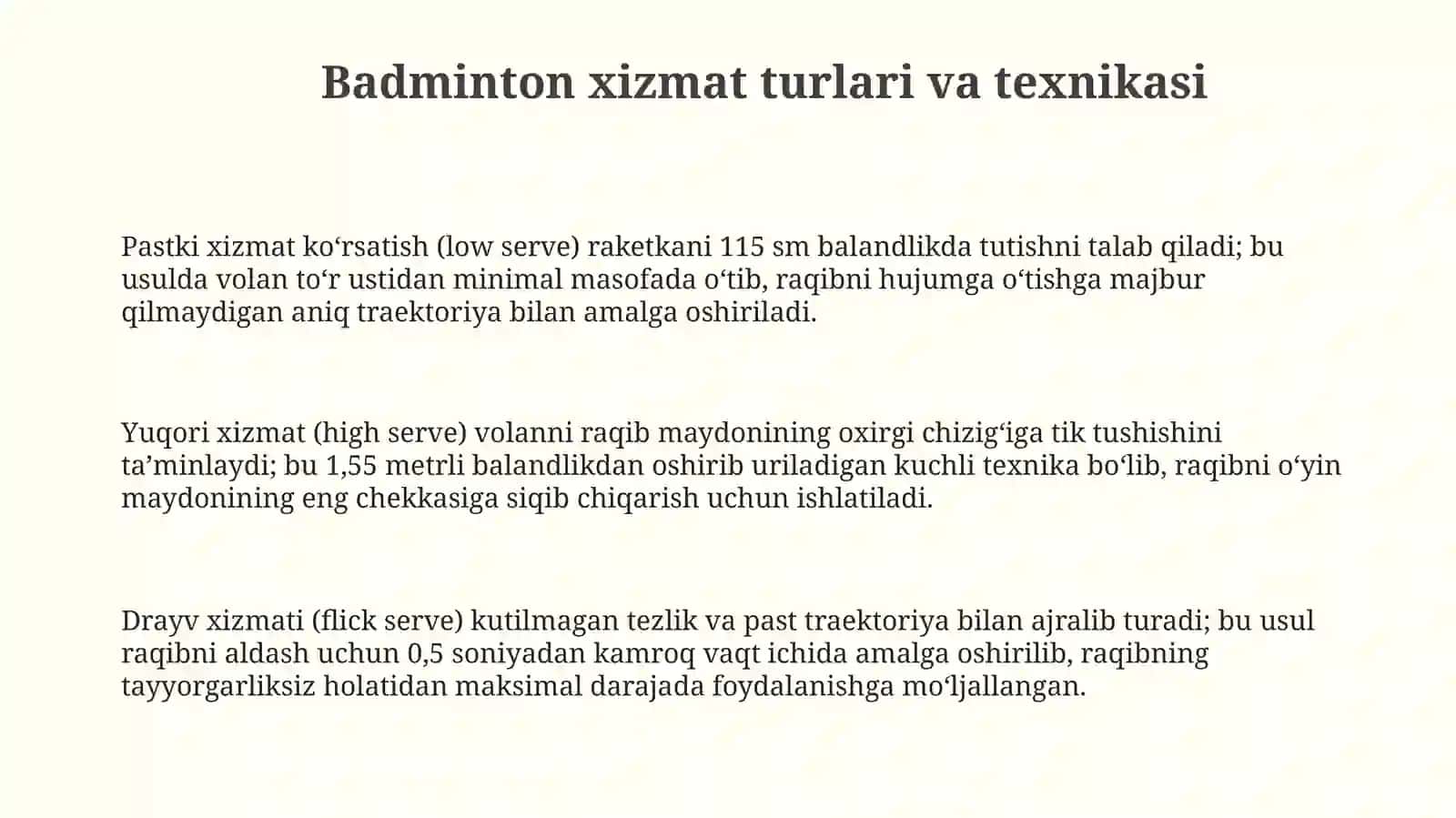 Badminton sport turida volanni òyinga kiritish taktikasini takomillashtirish 3