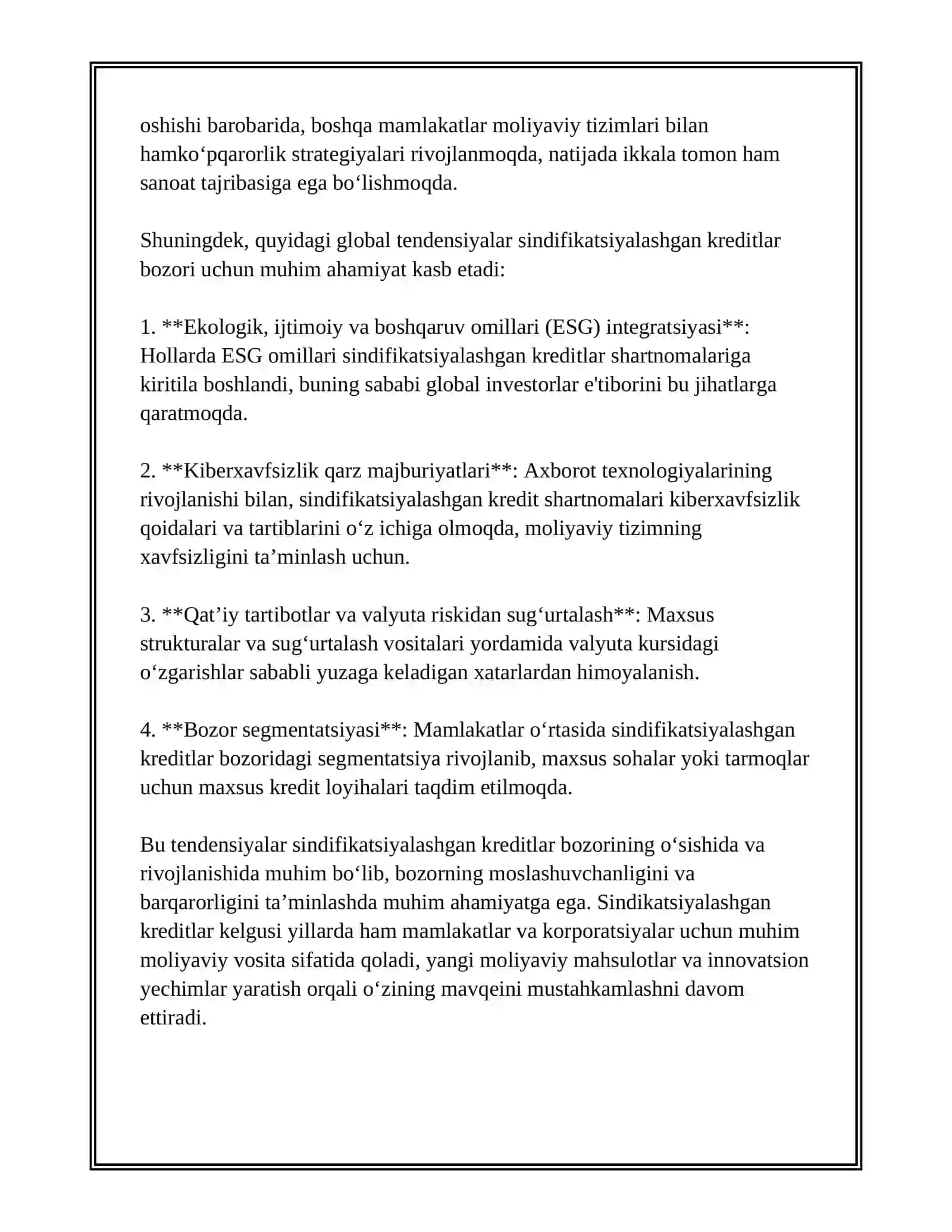 XALQARO KREDIT BOZORLARIDA SINDIFIKATSIYALASHGAN KREDITLAR MAVQEINI OSHIRISH 3