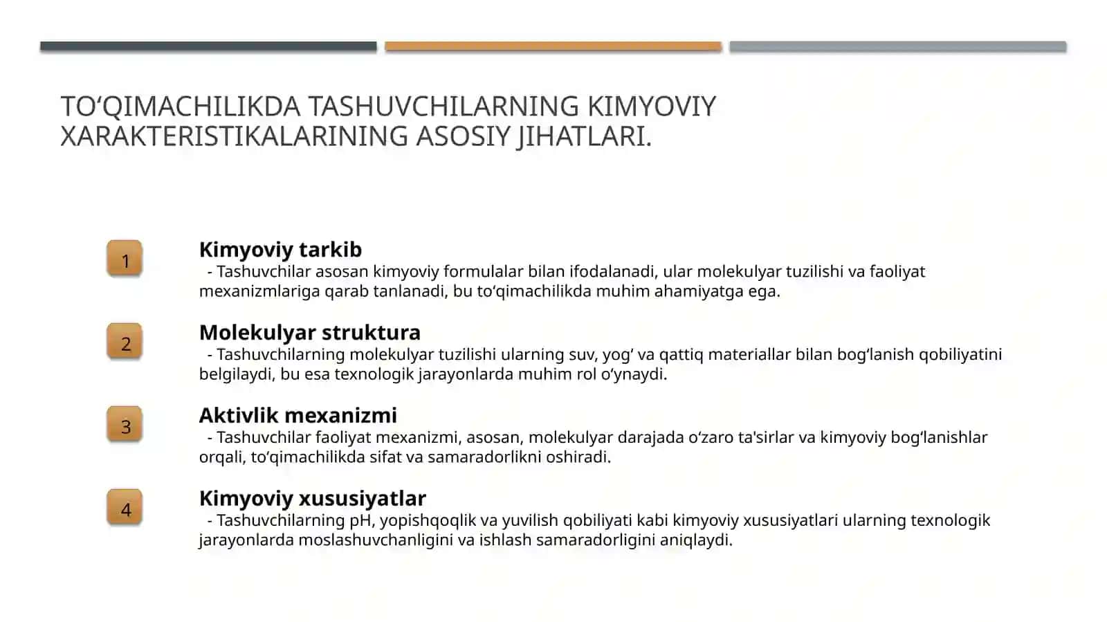 Tashuvchilarning xususiyatlari va toʻqimachilik materiallarini pardoza qilish 3