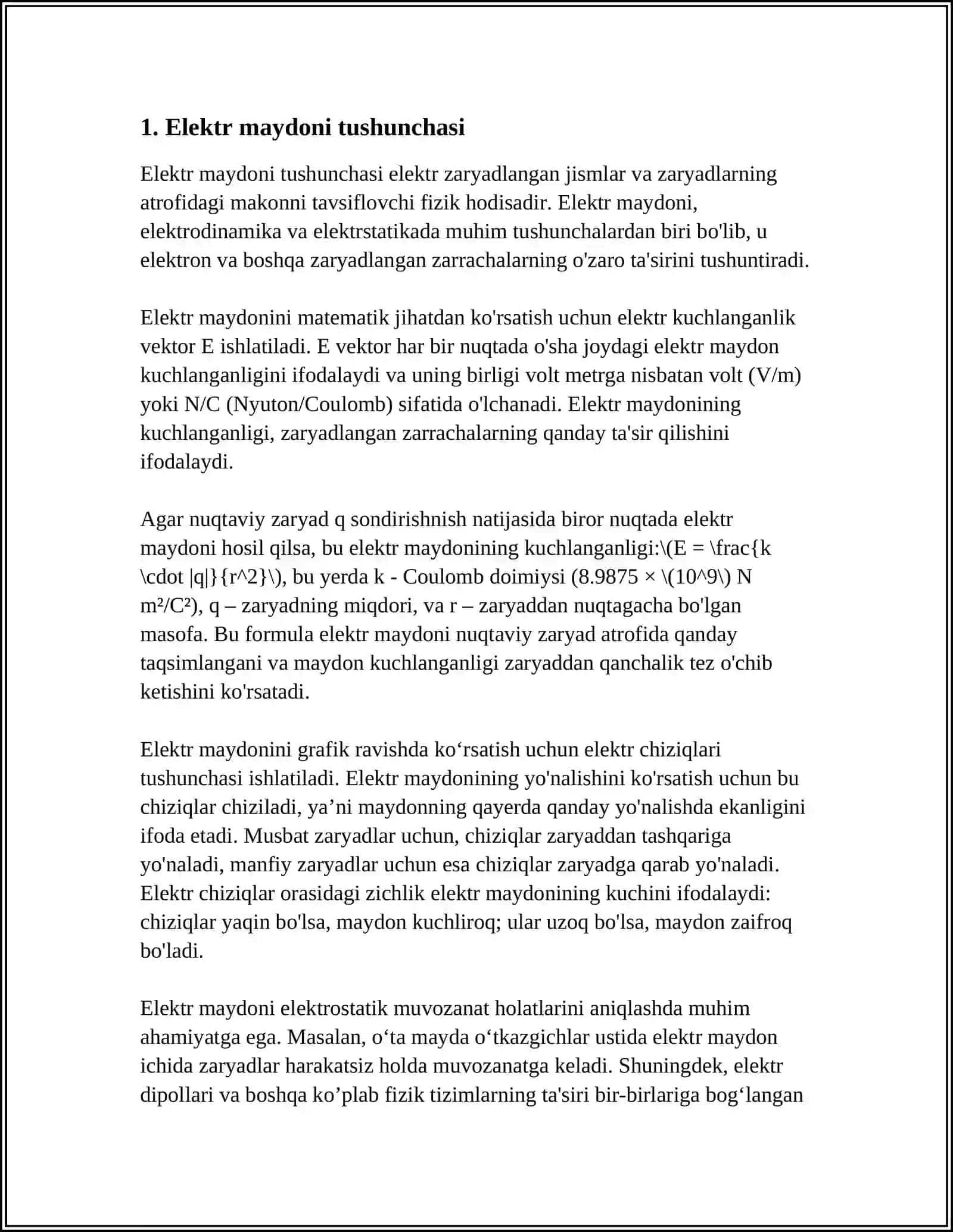 ELEKTR MAYDONI, UNING ASOSIY XARAKTERISTIKALARI VA O‘LCHOV BIRLIKLARI. MODDALARNING ELEKTR XOSSALARI 3