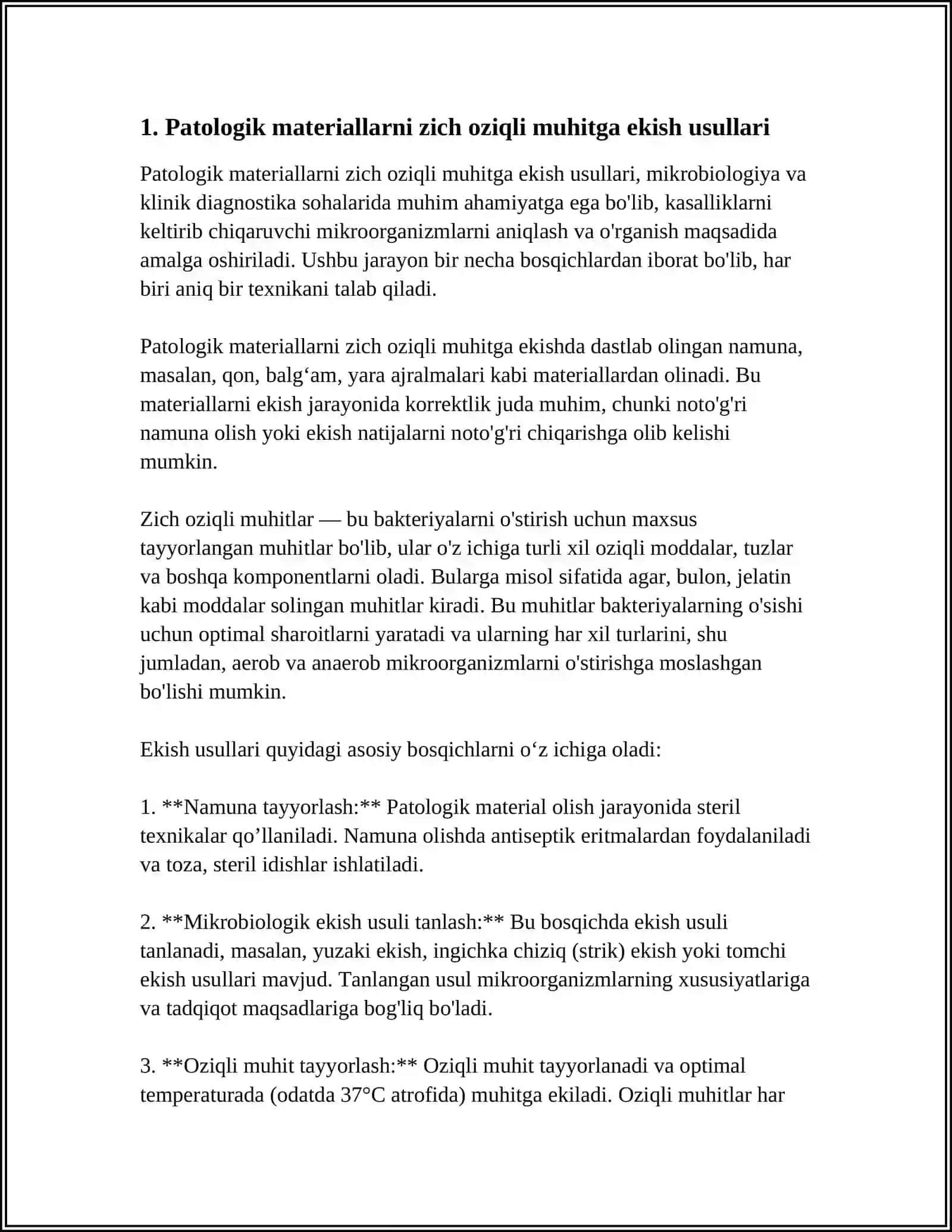 PATOLOGIK MATERIALLARNI ZICH OZIQLI MUHITLARGA TURLI BAKTERIOLOGIK USULLARDA EKISH 3