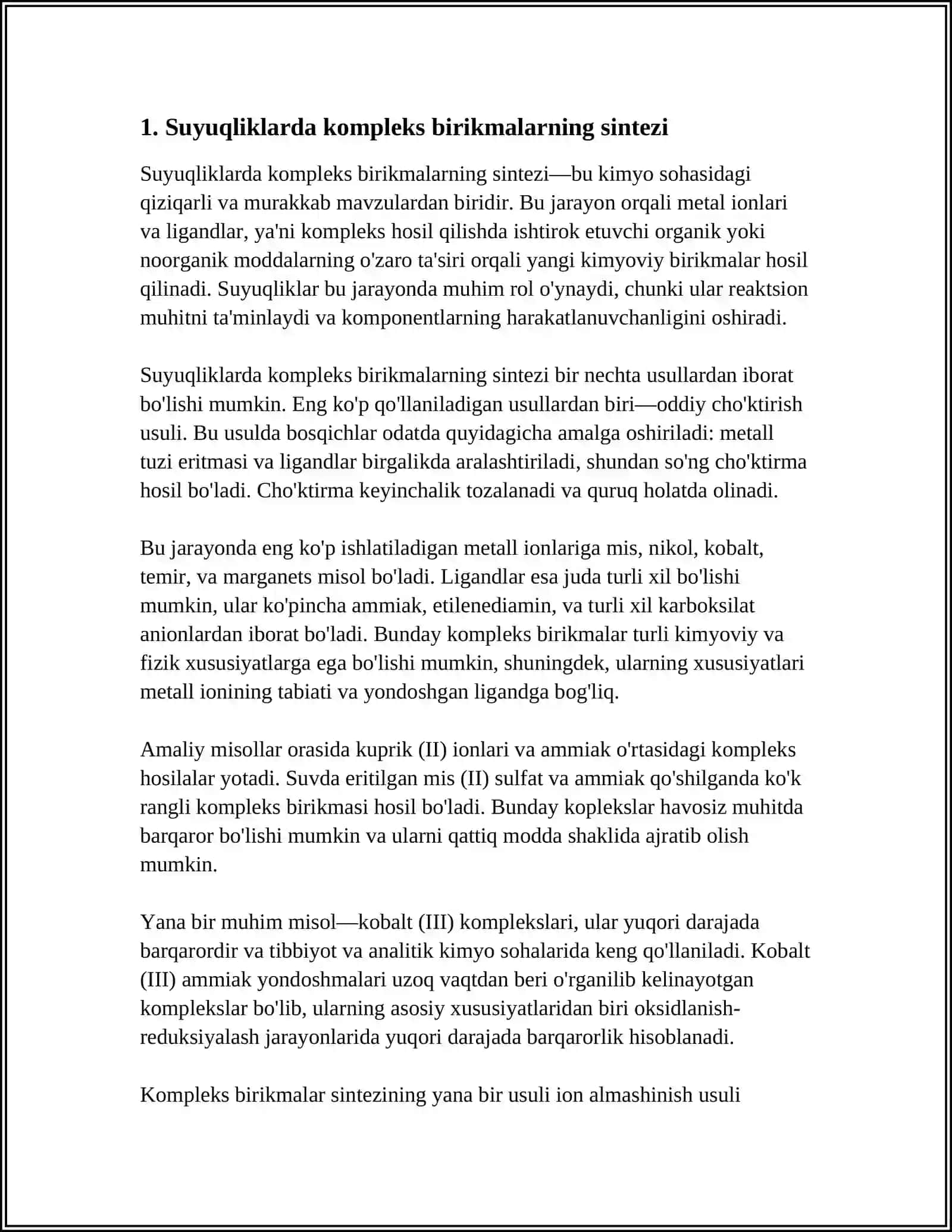 NOORGANIK BIRIKMALARNING SUYUQ FAZADAGI SINTEZI 3