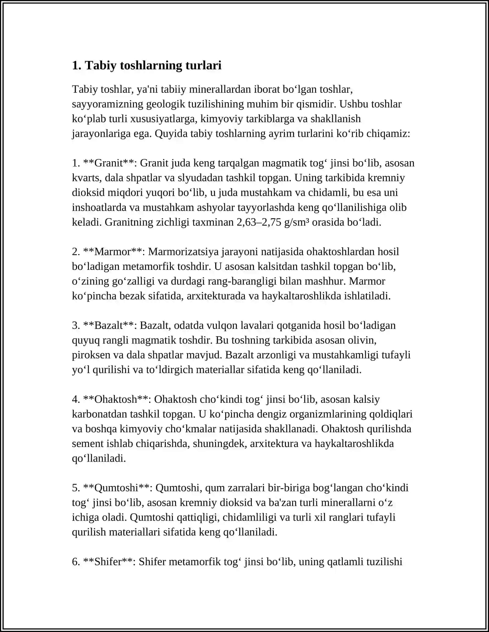 MUSTAQIL ISH Mavzu: TABIIY TOSH MATERIALLARI OLINISHI VA XOSSALARI 3