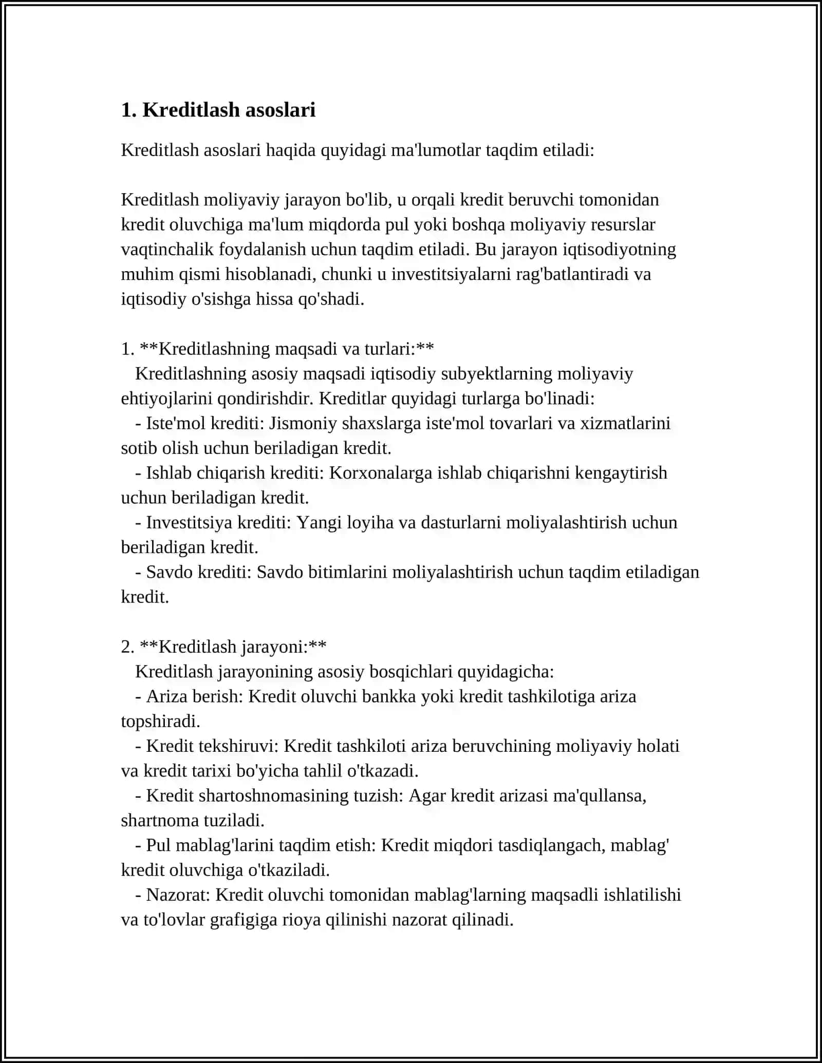 KREDITNING TURLARI VA TAMOYILLARI. FOIZNING HOSIL BO’LISH XUSUSIYATLARI 3