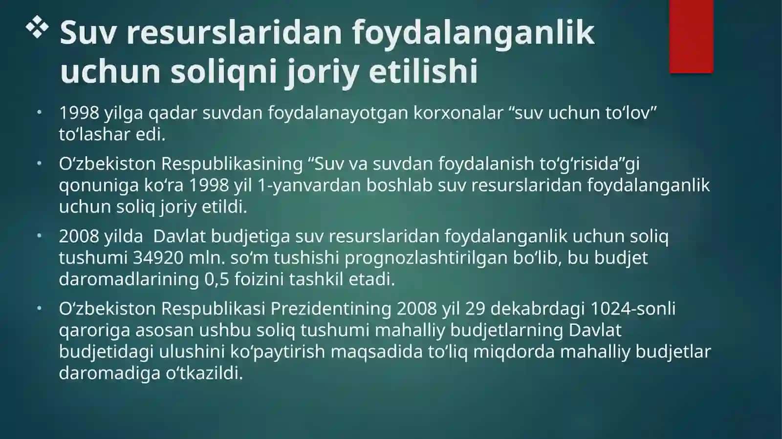 Suvresurslaridan foydalanganlik uchun soliqni undirish tartibini takomillashtirish 3