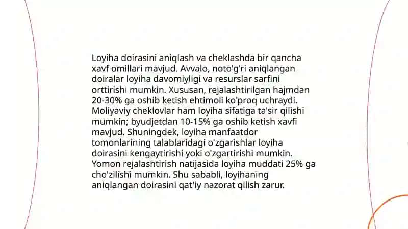 Xavflarni aniqlash va baholash. Loyiha uchun asosiy xavflarni aniqlash va ular uchun boshqaruv strategiyasini ishlab chiqish 3