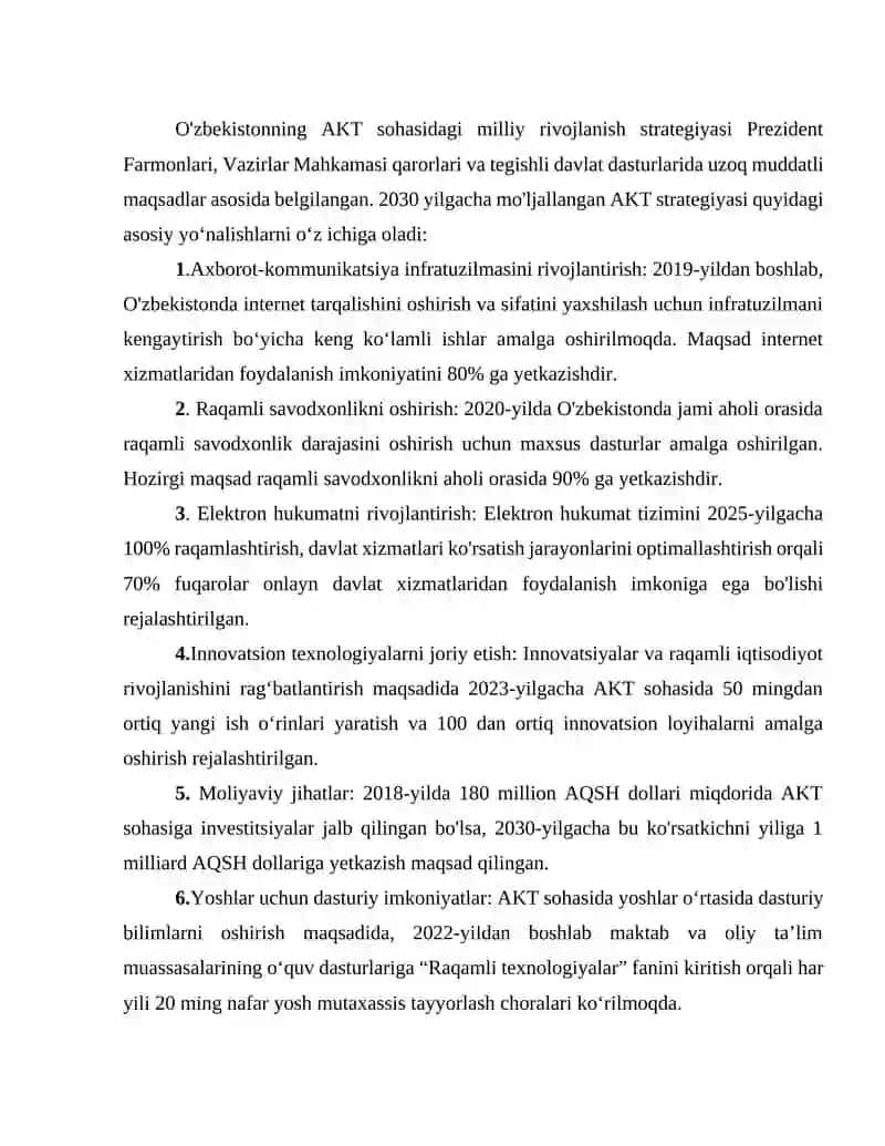 O'ZBEKISTONDA AXBOROT-KOMMUNIKATSIYA TEXNOLOGIYALARI SOHASINI RIVOJLANTIRISHDAGI DAVLAT SIYOSATI 3