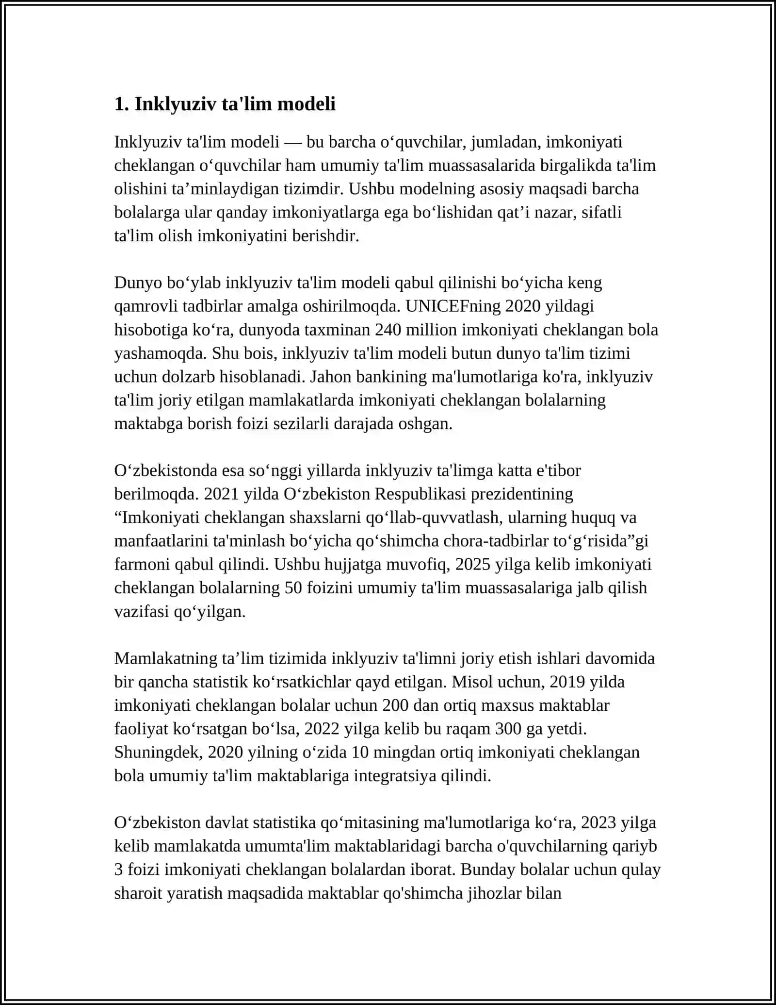 ALOHIDA YORDAMGA MUHTOJ BOLALARDA RIVOJLANISHDAGI NUQSONINING CHUQURLIGI VA TUZILISHIGA QARAB INKLYUZA MODELINI TANLASH 3