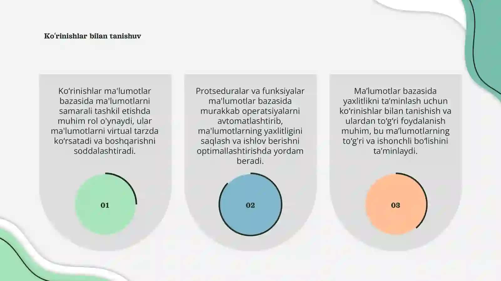 Ko‘rinishlar. Protseduralar va funksiyalar. Ma`lumotlar bazasida yaxlitlik 3