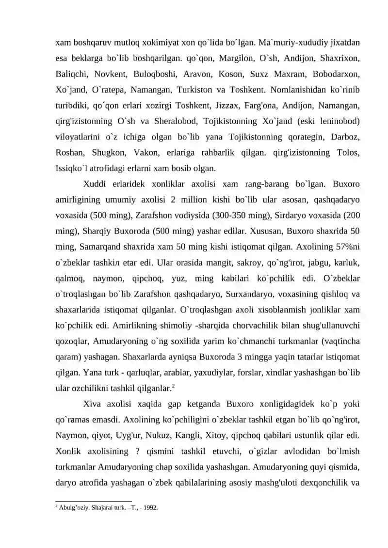 Buxoro, Xiva va Qo`qon xonliklarining ma`muriy hududiy tuzilishi, axolisi 3