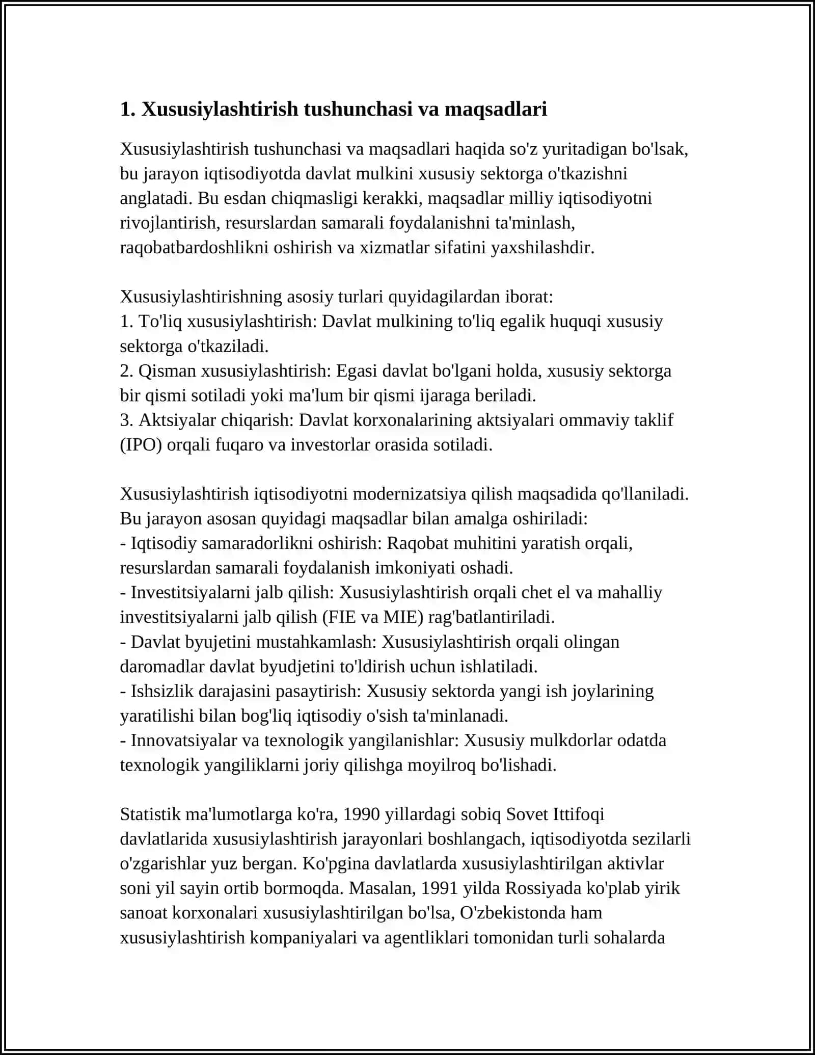 O’ZBEKISTONDA XUSUSIYLASHTIRISH JARAYONLARINING BOSQICH VA VAZIFALARI 3