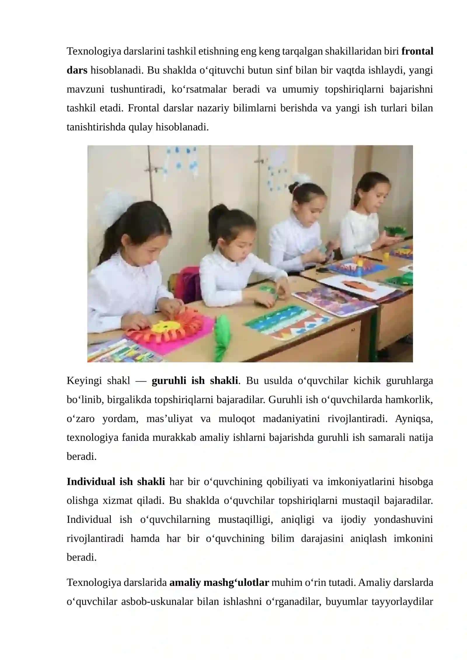 Texnologiya darslarini tashkil qilish shakillari dars ishlanma 3