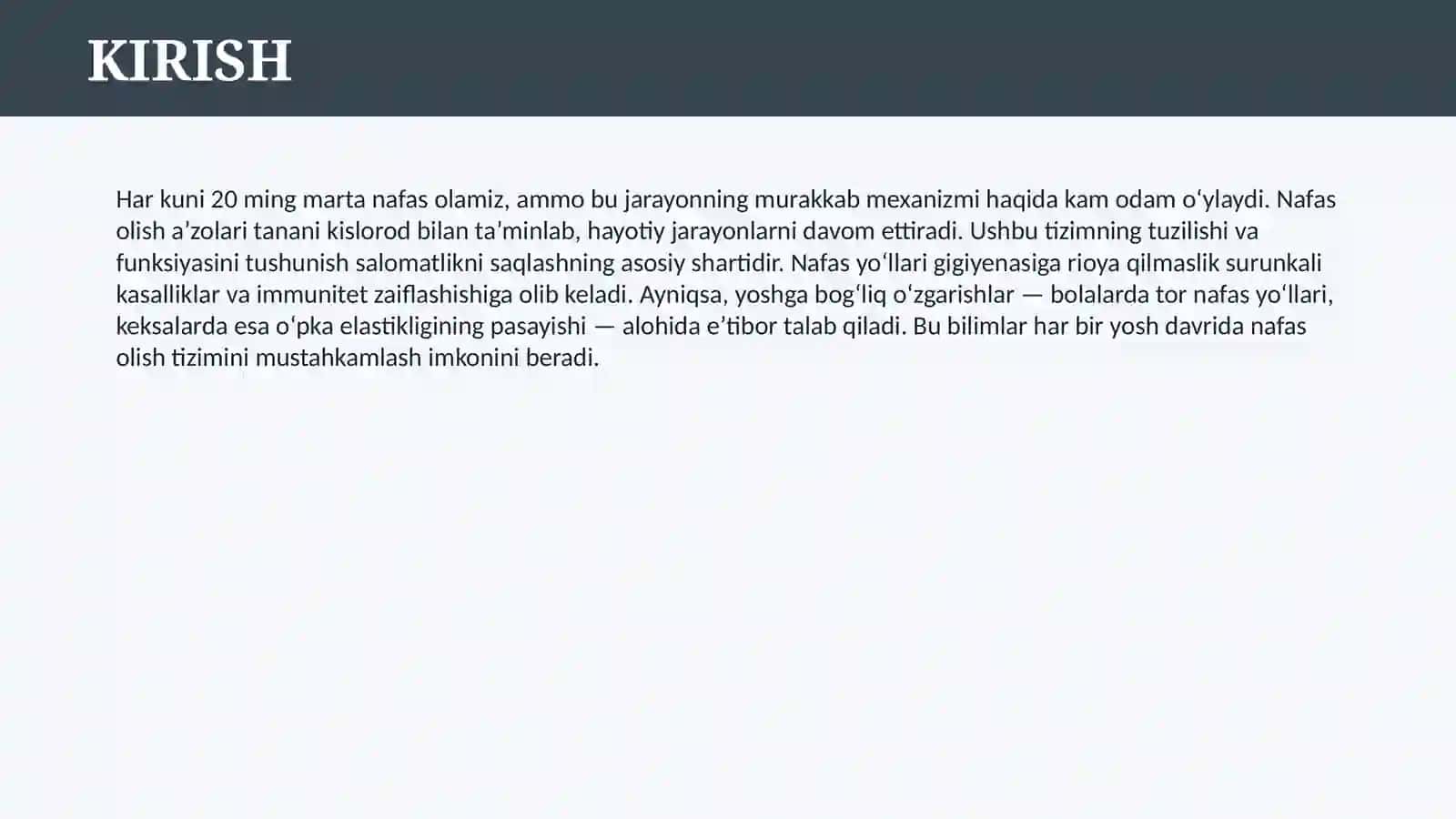 NAFAS OLISH A`ZOLARINING TUZILISHI, FUNKSIYASI, GIGIYENASI VA YOSHGA BOG`LIQ XUSUSIYATLARI 3