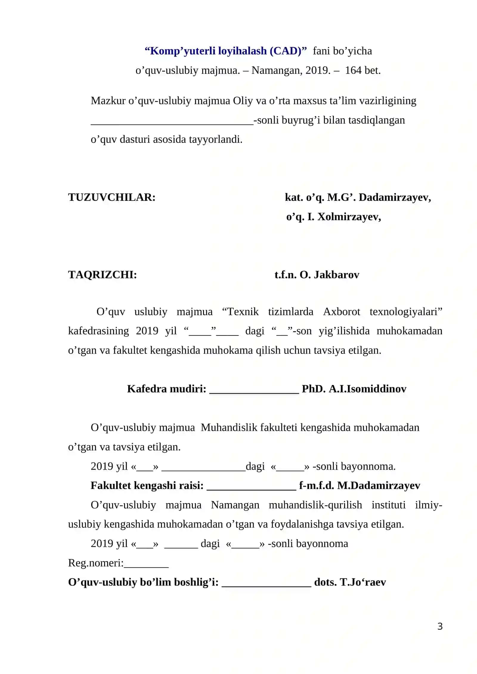 Komp’yuterli loyihalash (CAD) fani bo’yicha o’quv-uslubiy majmua 3