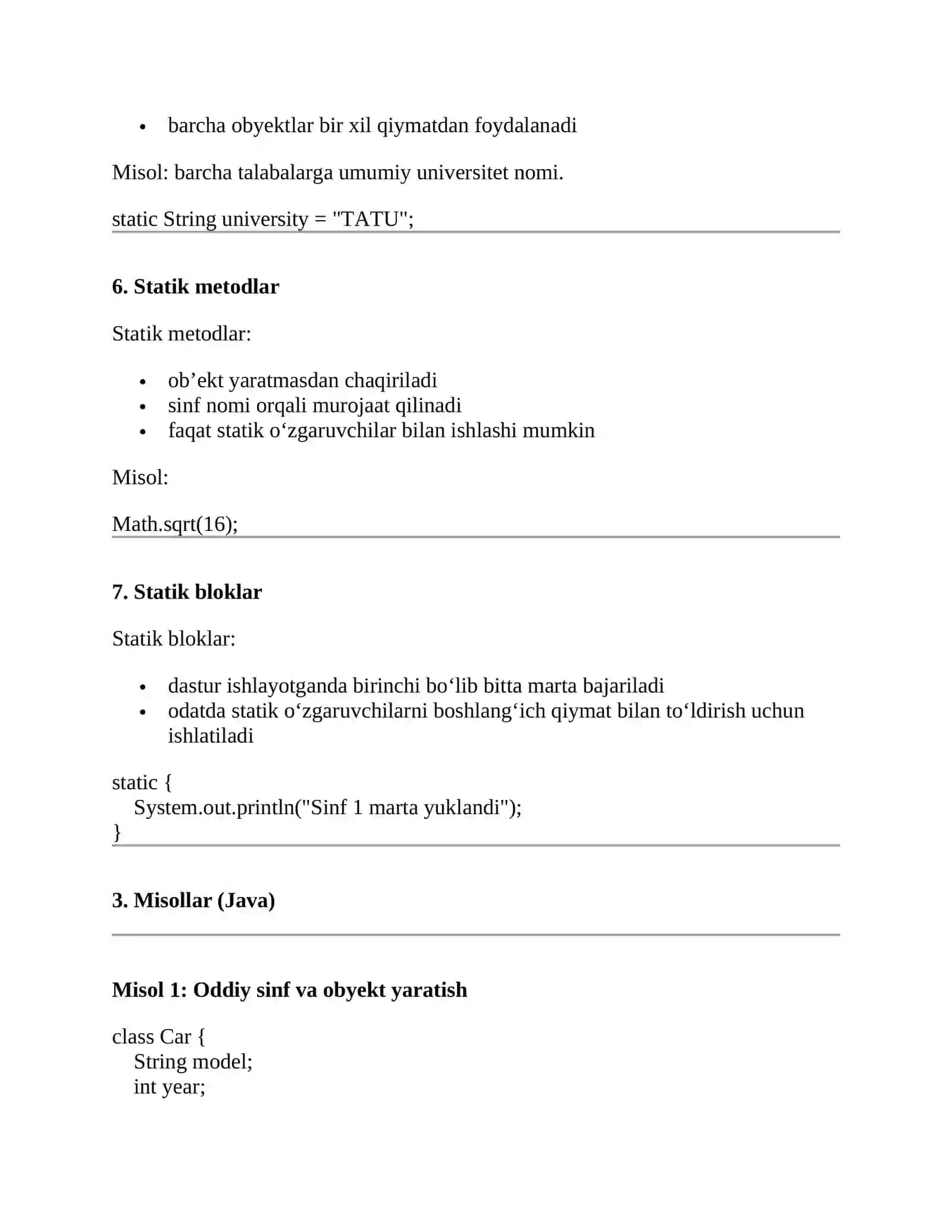 Sinflarni ishlab chiqish, statik elementlar 3