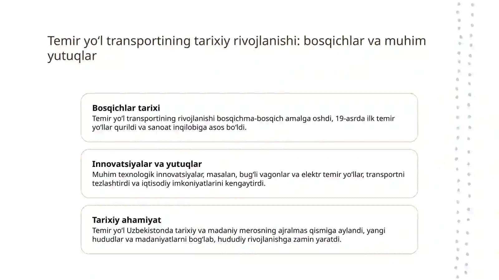 Temir yoʻl transporti rivojlanishining oʻziga xos jihatlari 3