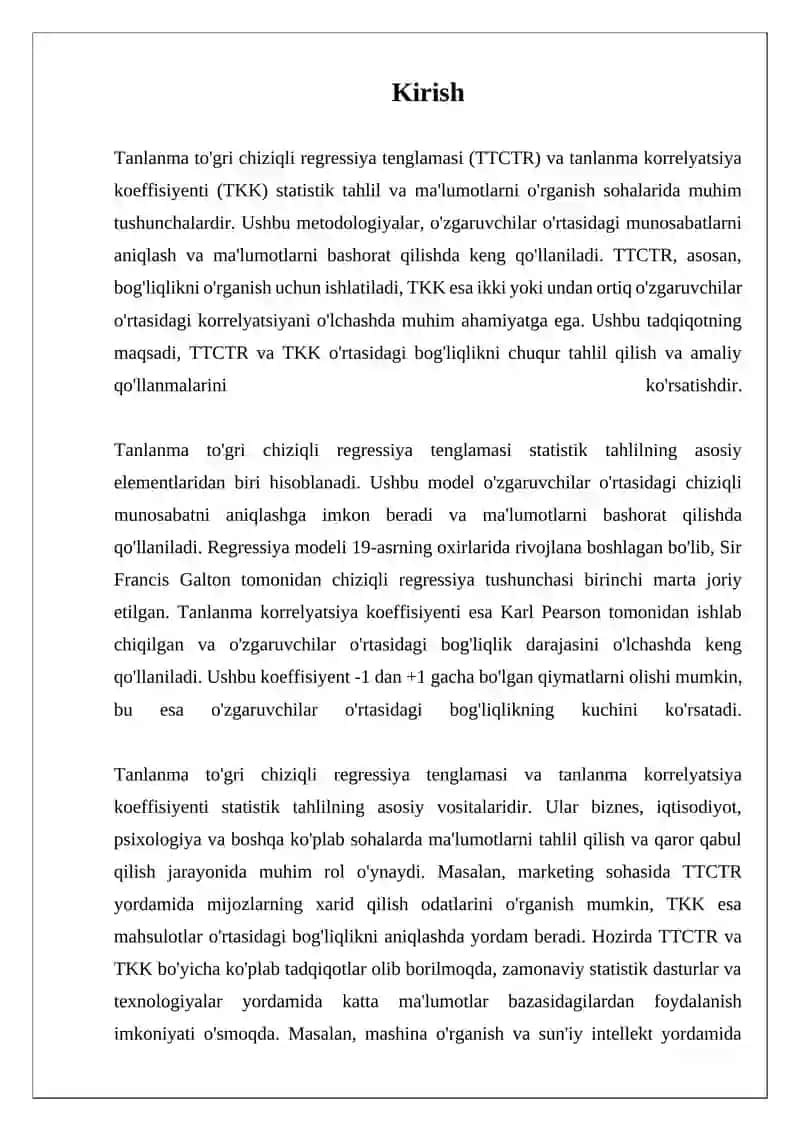 Tanlanma to'gri chiziqli regressiya tenglamasi 3