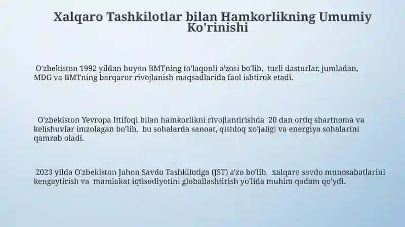 Xalqaro Tashkilotlar bilan Hamkorlikning Umumiy Ko'rinishi 3