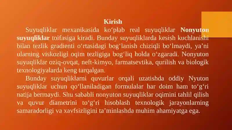 Nonyuton suyuqliklar oqimi va truba (quvur) diametrini hisoblash 3