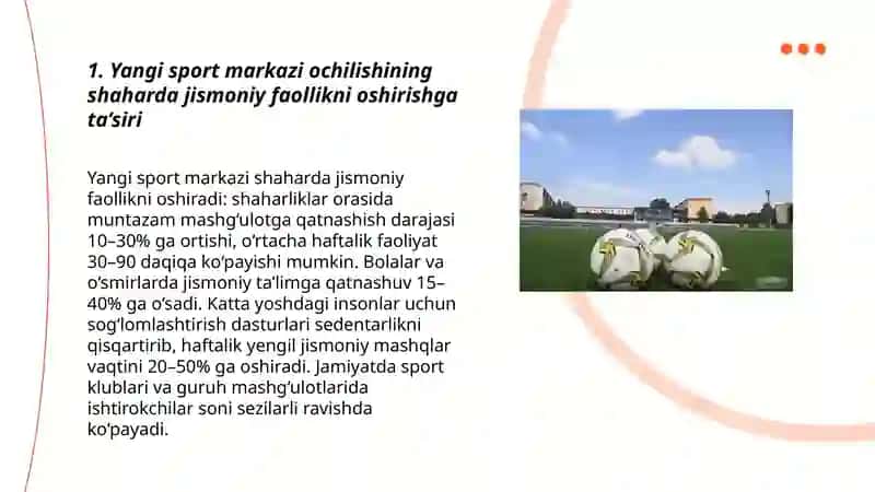 Yangi sport markazi ochilishining shahar aholisi sog‘lig‘i va mahalliy iqtisodiyotga ta’siri 3