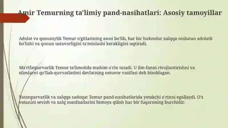 Amir Temur oʻgʻitlarining tarbiyaviy ahamiyati 3