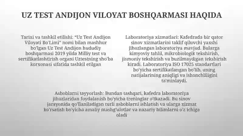 Uz Test Andijon Viloyati BoʻLimi Labaratoriya Uskunalari Bilan Tanishish 3