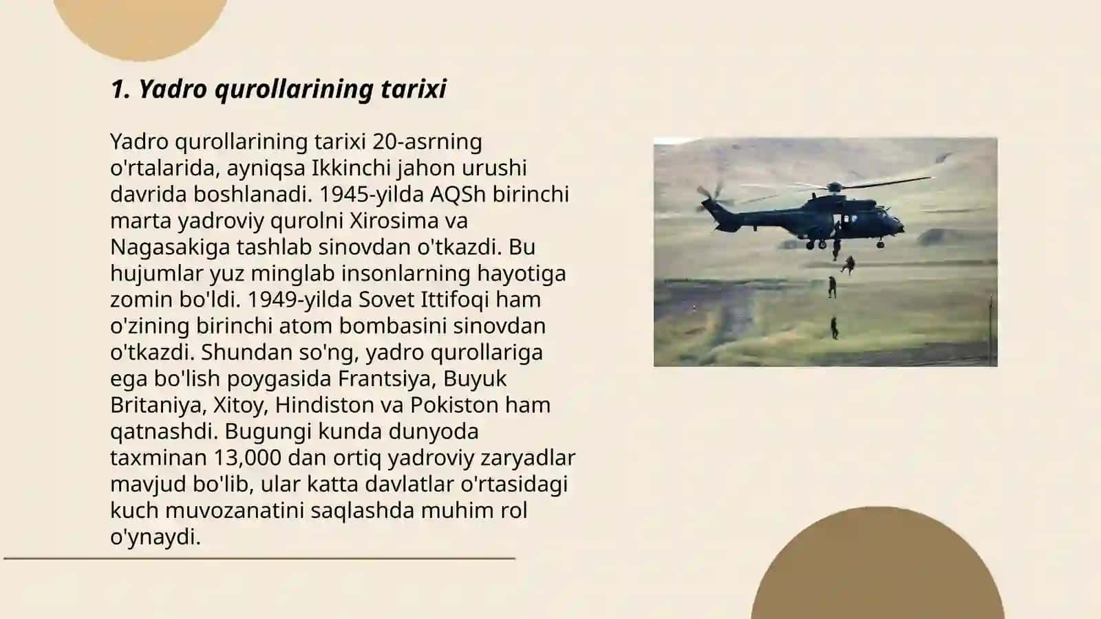 Yadro qurollar turi va ko'llanish usullari to'g'risida tushuncha. Yadro o'choqlari tavsifi 3
