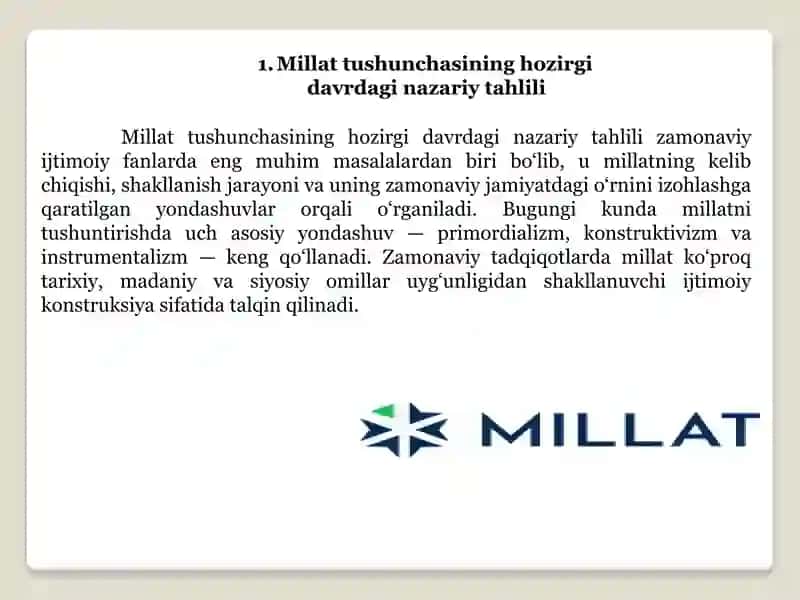 Mavzu:Millat atamasining hozirgi kunda tahlili masalasi. Primordializm. Konstruktivizm. 3