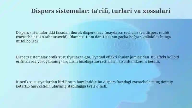 Dağal-dispers sistemasining xossalari va ularni tibbiyot va farmakalogiyada ishlatilishi 3