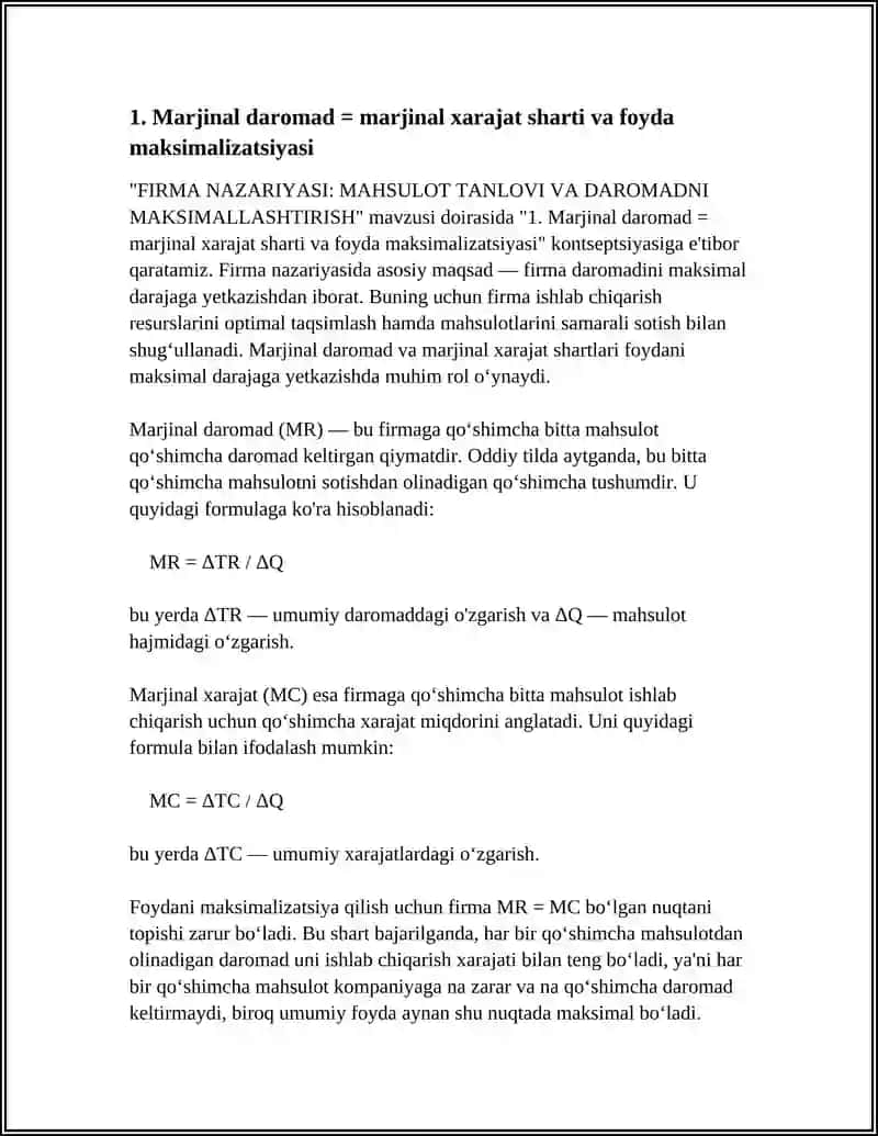 FIRMA NAZARIYASI: MAHSULOT TANLOVI VA DAROMADNI MAKSIMALLASHTIRISH 3