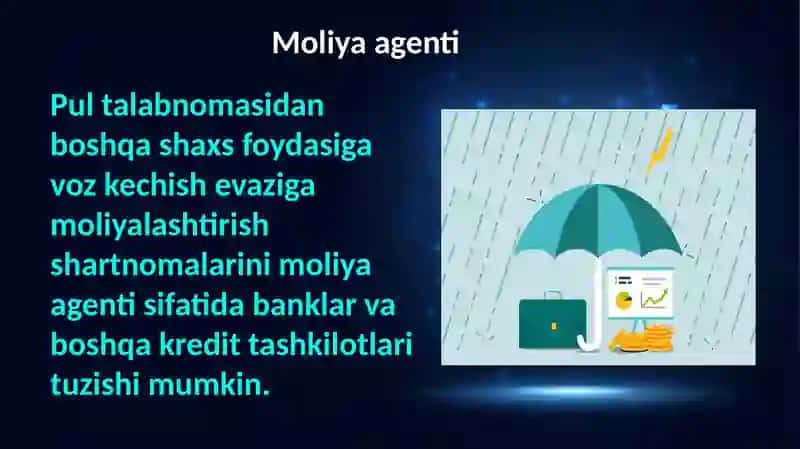 Pul talabnomasidan boshqa shaxs foydasiga voz kechish evaziga moliyalash (faktoring) 3