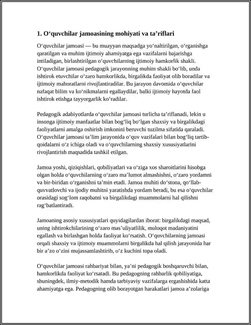 MUSTAQIL ISH Mavzu: OʻQUVCHILAR JAMOAS- YAGONA PEDAGOGIK JARAYONNING ASOSIY SHAKLI 3