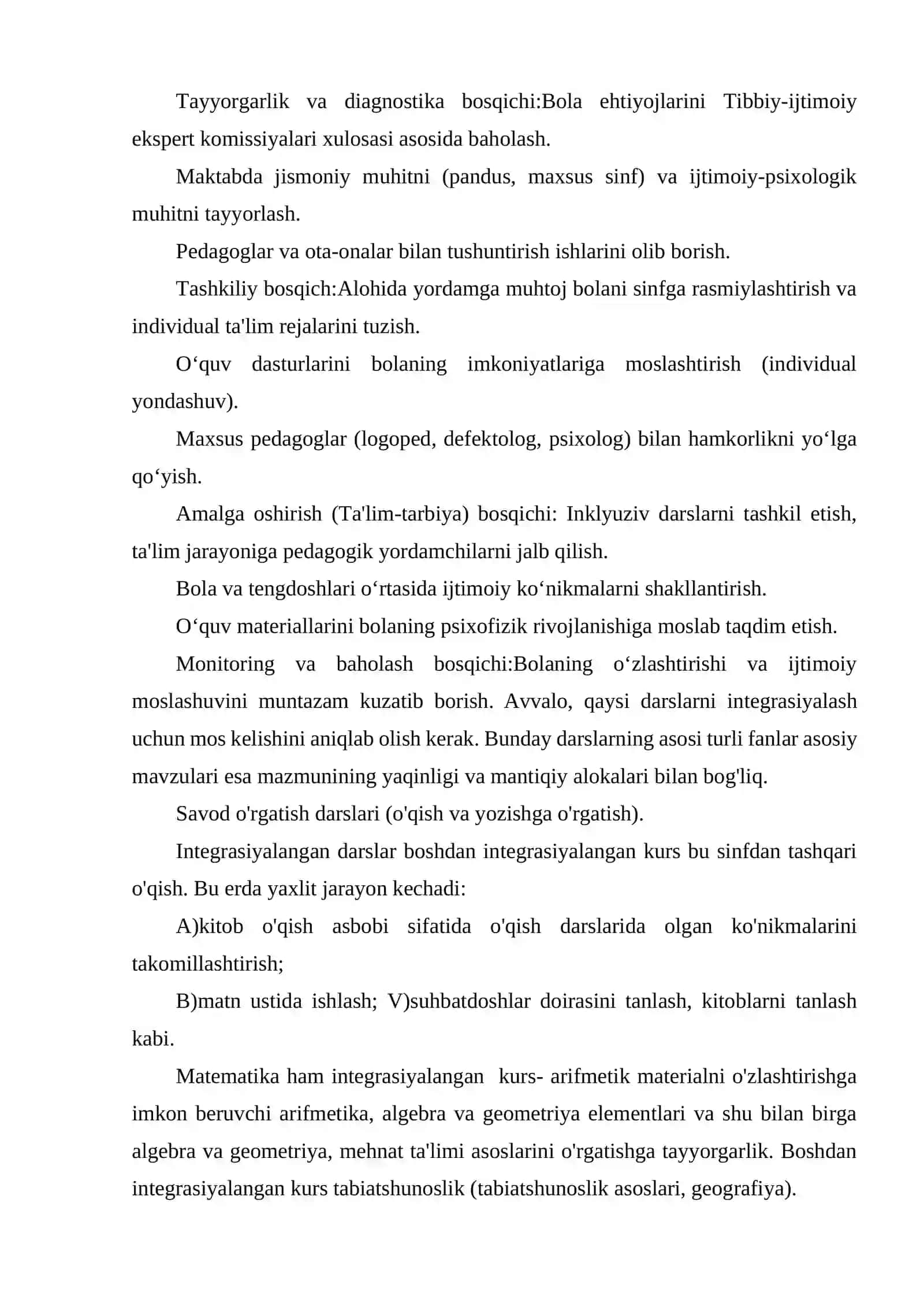 UMUM TA'LIMDA ALOHIDA YORDAMGA MUHTOJ BOLALAR BILAN INTEGRATSIYALSHGAN TA'LIMNI AMALGA OSHIRISHNING ASOSIY BOSQICHLARI 3