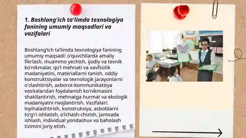 Boshlang'ich ta'limda texnologiya fanini o'qitish metodikasi fanining maqsad vazifalari 3