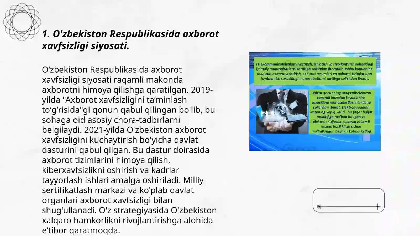 O'zbekistonda axborot xavfsiz-ligining ma'naviy va huquqiy asoslari ularning haquqiy xujjatlardagi ifodasi 3