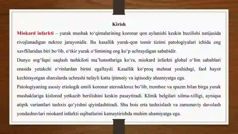 Miokard infarkti. Etiologiya, patogenez, klinika, diagnostika, davolash. Miokard infarkti atipik variantlari. Erta va kechki asoratlari klinika, diagnostika, davolash. 3