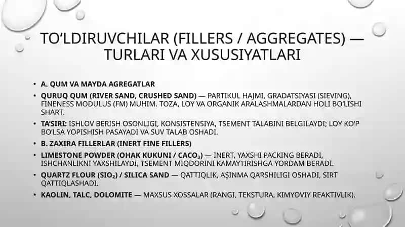 Qurilish qorishmalarini tayyorlash uchun materiallar to'ldiruvchilar, qo'shimchalar. 3