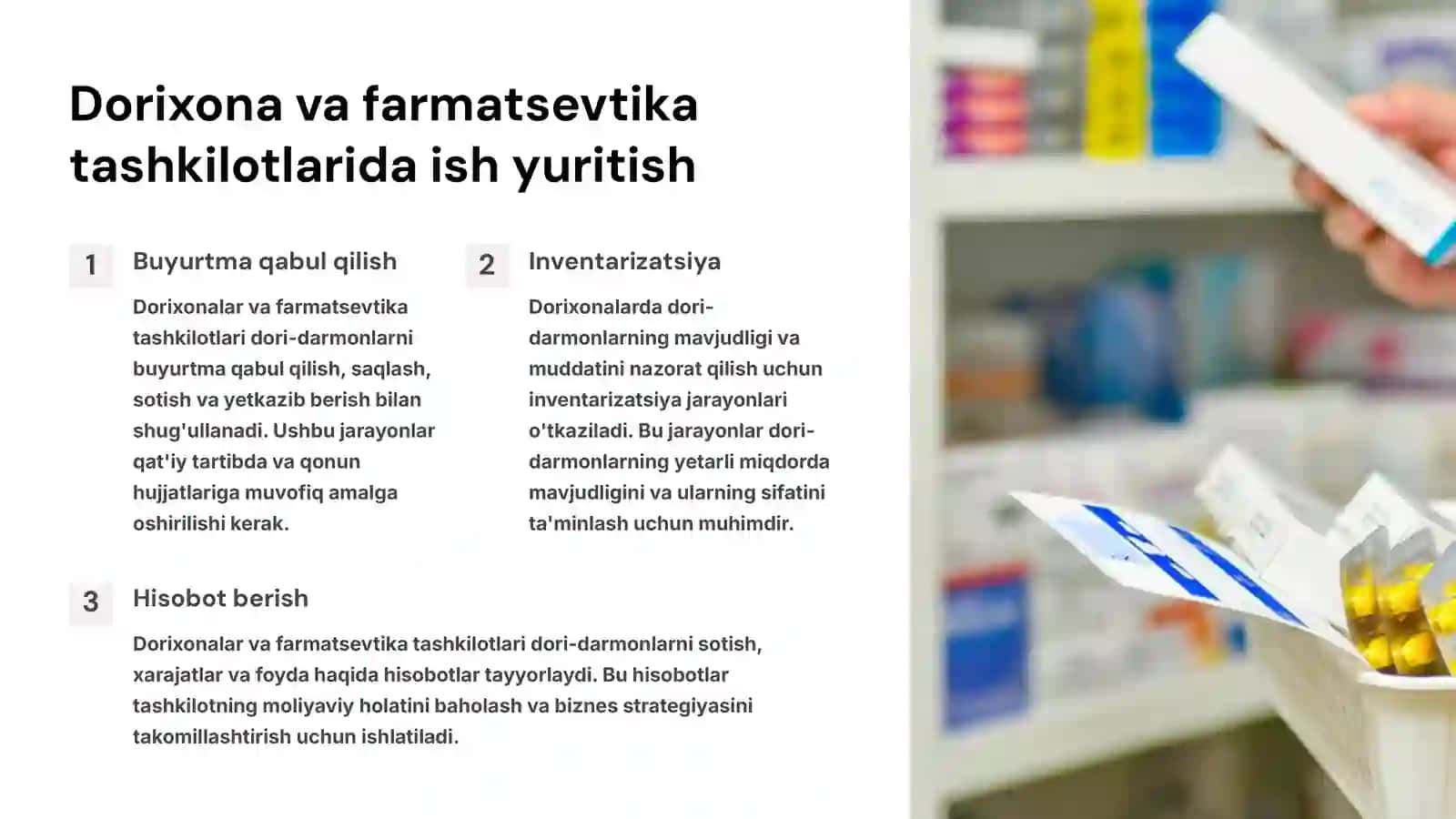 DORIXONA VA FARMATSEVTIK TASHKILOTLARI ISHINI TASHKIL ETISHDA ISH YURITISH JARAYONLARINING AHAMIYATI 3